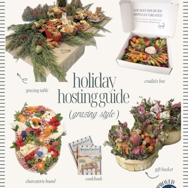Screenshot Holiday Hosting Guide from Grazing Cape Cod with a holiday grazing table, charcuterie board, crudités box, gift basket and the Grazing Cape Cod cookbook